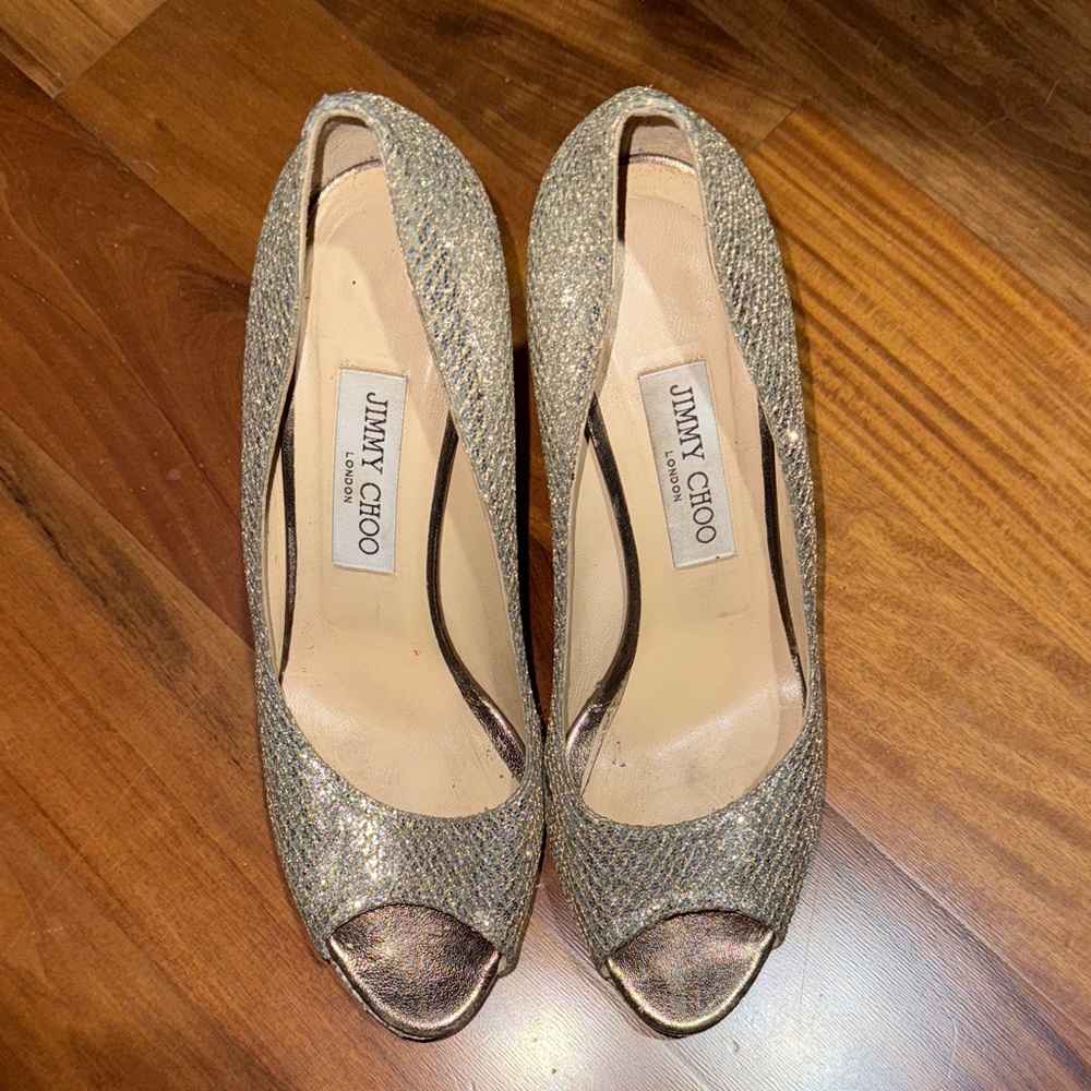 Jimmy Choo Shimmering Gold Peep Toe Heels